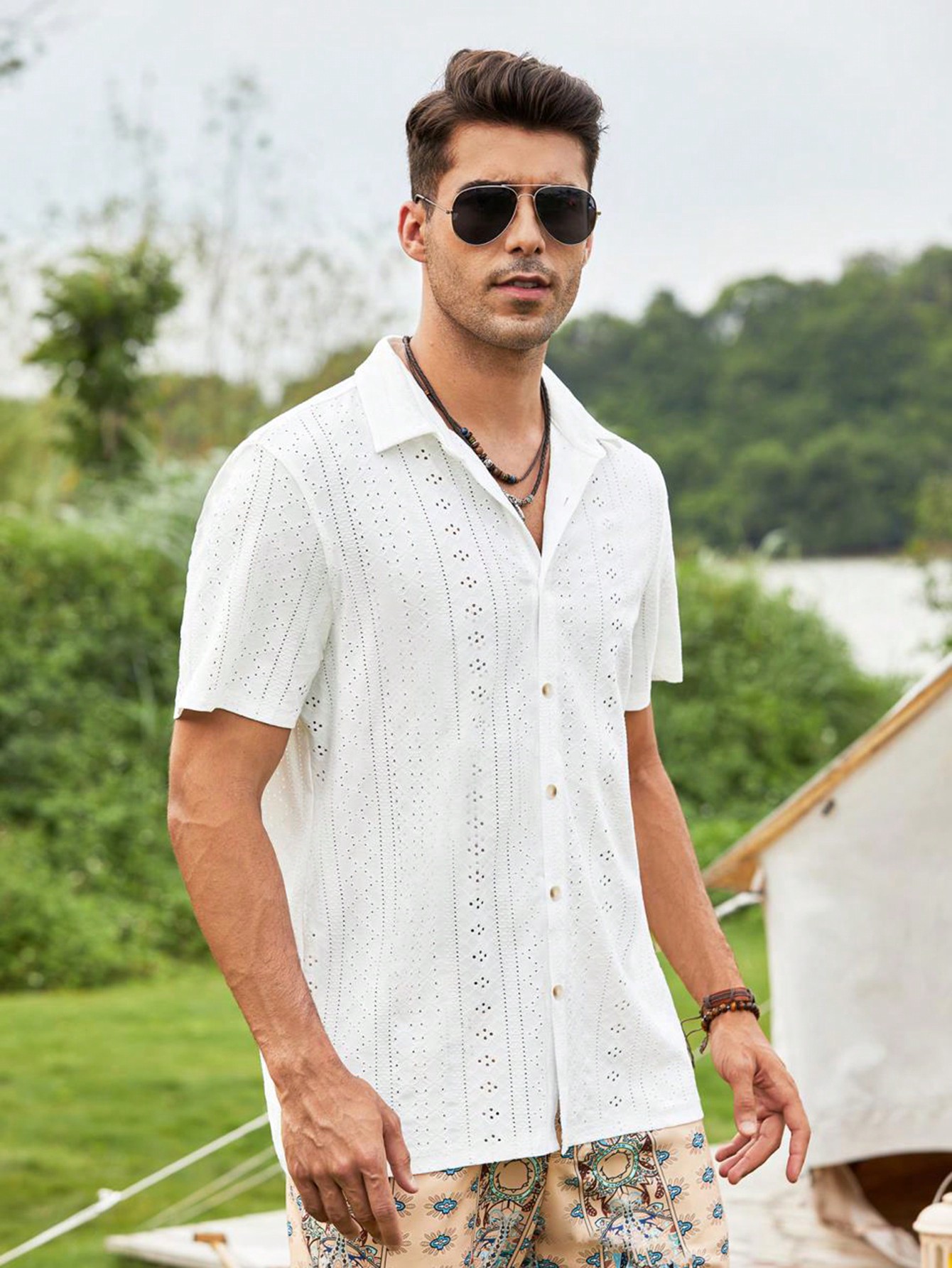 Manfinity KASUA Men Eyelet Embroidery Button Up Short Sleeve Collar Plain White Boho Shirt For Dad & Boyfriend Gift - Image 1