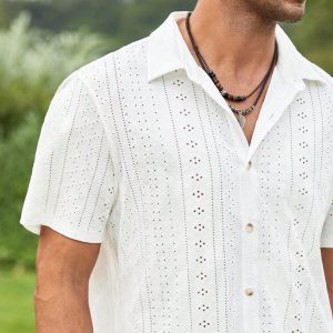 Manfinity KASUA Men Eyelet Embroidery Button Up Short Sleeve Collar Plain White Boho Shirt For Dad & Boyfriend Gift - Image 2
