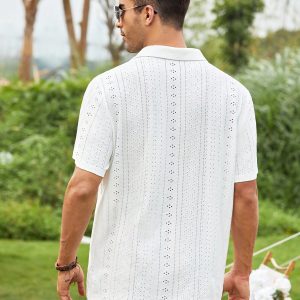 Manfinity KASUA Men Eyelet Embroidery Button Up Short Sleeve Collar Plain White Boho Shirt For Dad & Boyfriend Gift - Image 4