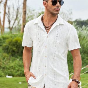 Manfinity KASUA Men Eyelet Embroidery Button Up Short Sleeve Collar Plain White Boho Shirt For Dad & Boyfriend Gift - Image 5