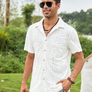 Manfinity KASUA Men Eyelet Embroidery Button Up Short Sleeve Collar Plain White Boho Shirt For Dad & Boyfriend Gift - Image 6