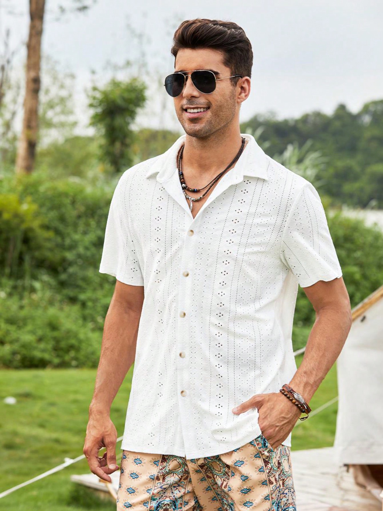 Manfinity KASUA Men Eyelet Embroidery Button Up Short Sleeve Collar Plain White Boho Shirt For Dad & Boyfriend Gift - Image 6