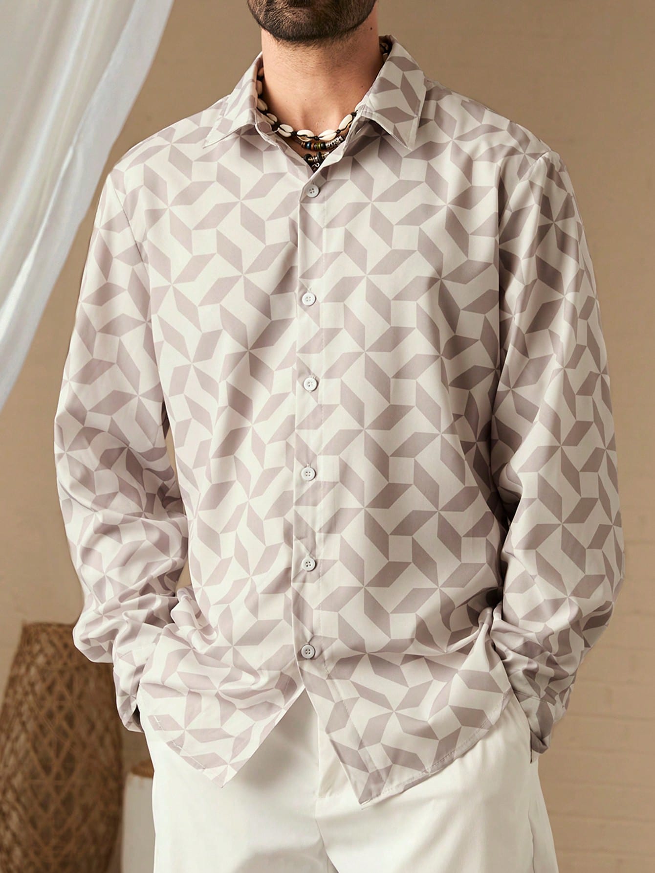 Manfinity KASUA Men Spring/Summer Geometric Printed Long Sleeve Casual Loose Shirt - Image 1