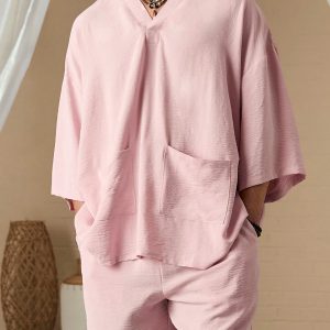 Manfinity KASUA Men Simple Pocket Patched Casual Hooded Shirt & Shorts Set - Image 1