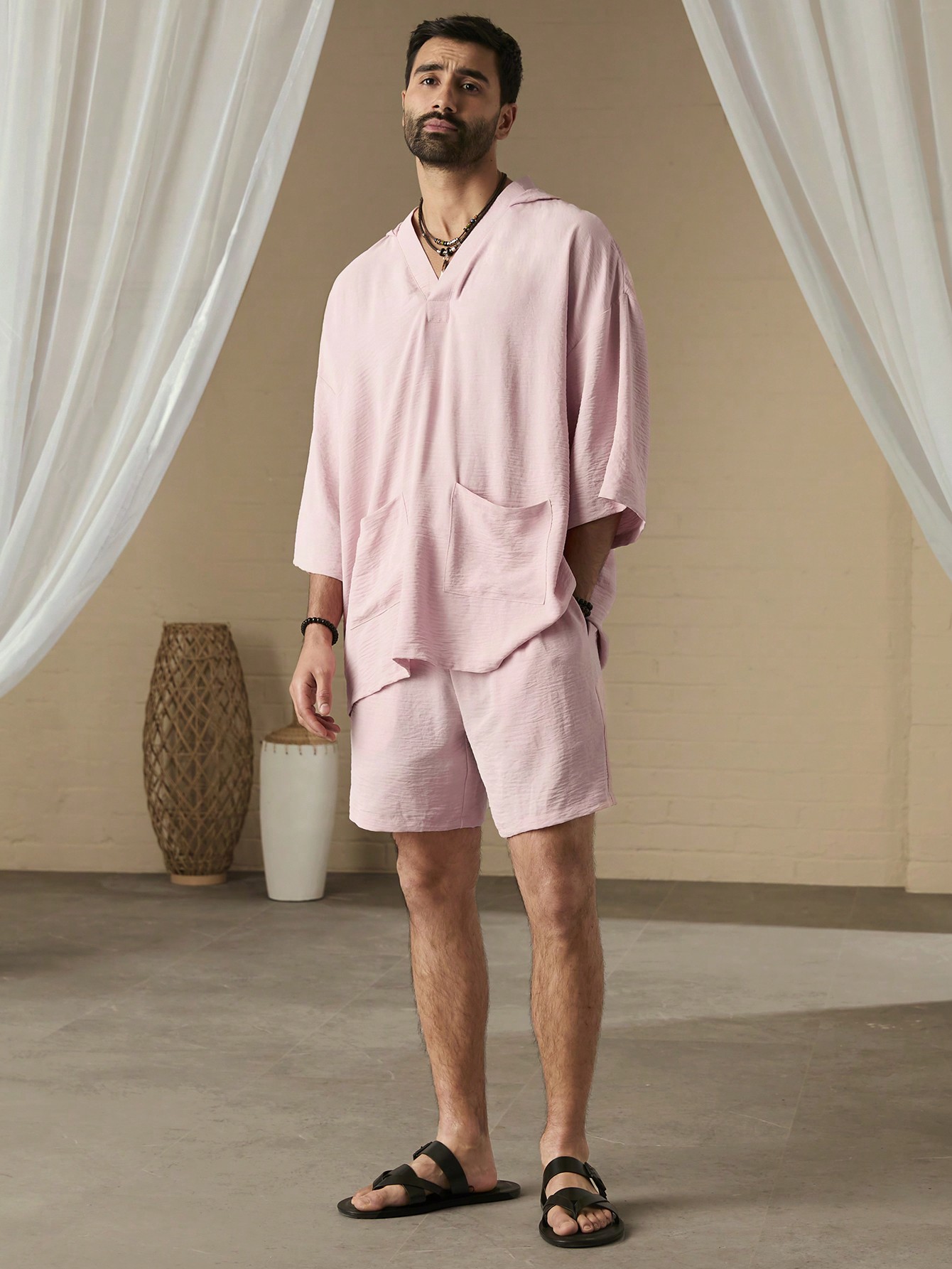 Manfinity KASUA Men Simple Pocket Patched Casual Hooded Shirt & Shorts Set - Image 3