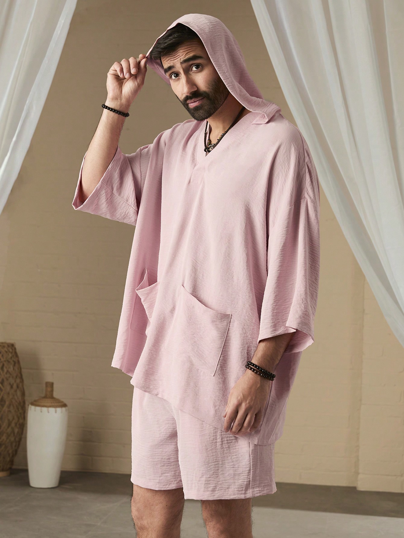 Manfinity KASUA Men Simple Pocket Patched Casual Hooded Shirt & Shorts Set - Image 4