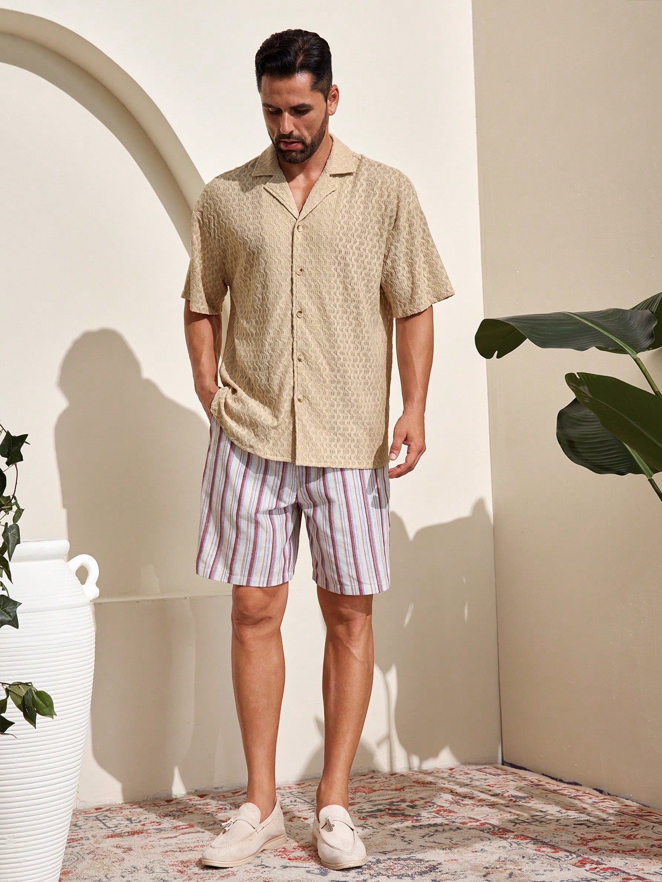 Manfinity KASUA Men??s Solid Color Textured Short Sleeve Casual Shirt For Holiday - Image 3