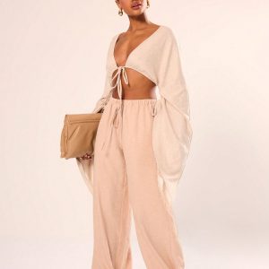 MUSERA Holiday Textured Linen Feel Tie Waist Trouser - Image 4