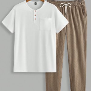 Manfinity KASUA 2pcs Men??s Casual Solid Color Button Front Shirt & Drawstring Waist Pants Set, Summer