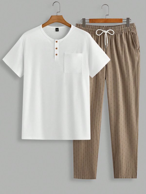 Manfinity KASUA 2pcs Men??s Casual Solid Color Button Front Shirt & Drawstring Waist Pants Set, Summer