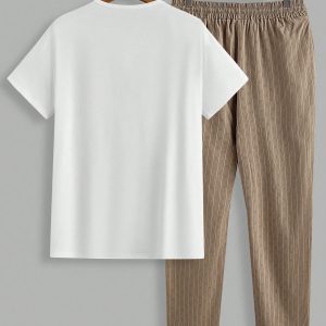 Manfinity KASUA 2pcs Men??s Casual Solid Color Button Front Shirt & Drawstring Waist Pants Set, Summer - Image 2