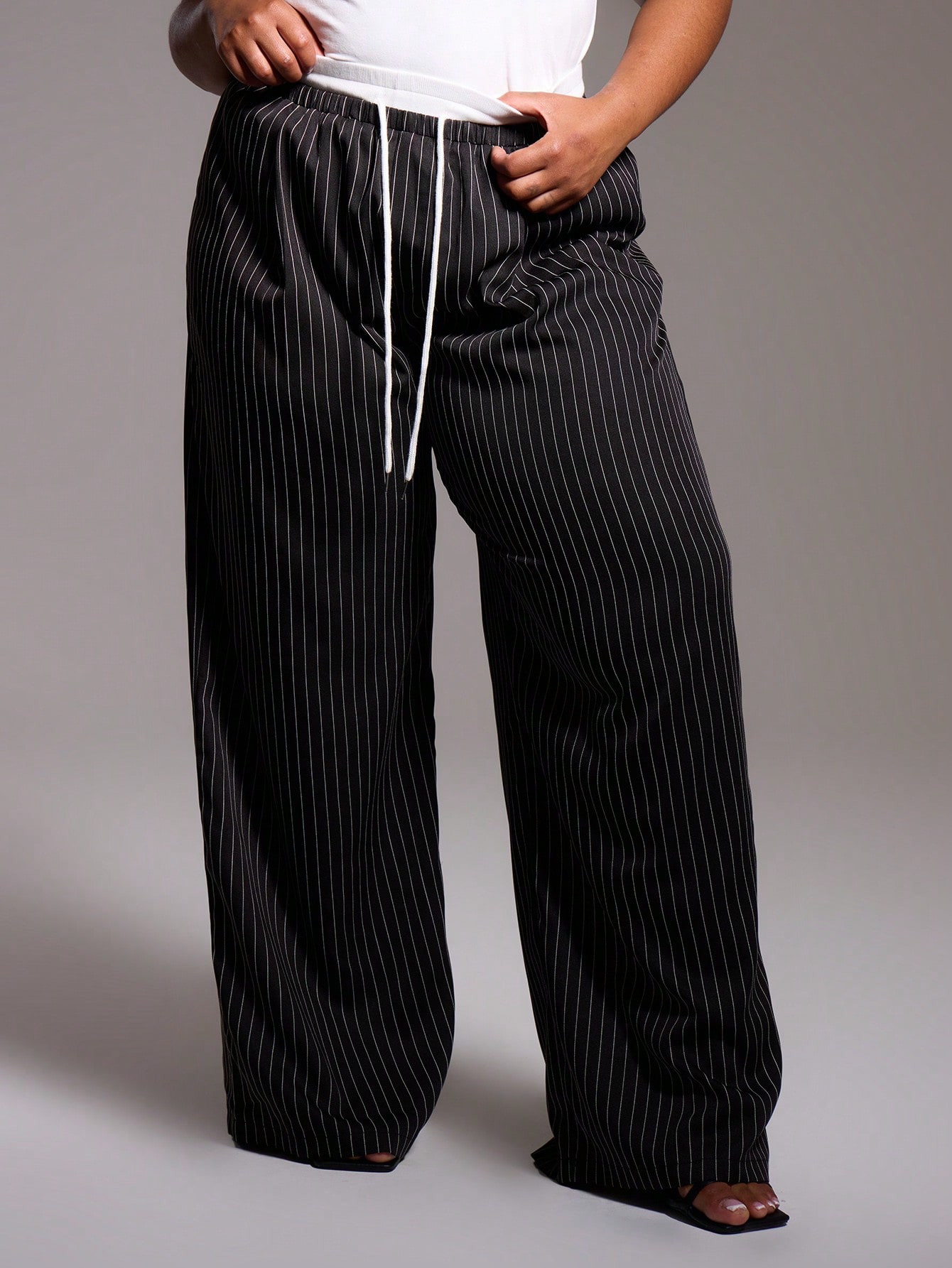 MUSERA Plus Size Woven Pinstripe Drawstring Waist Trousers - Image 1