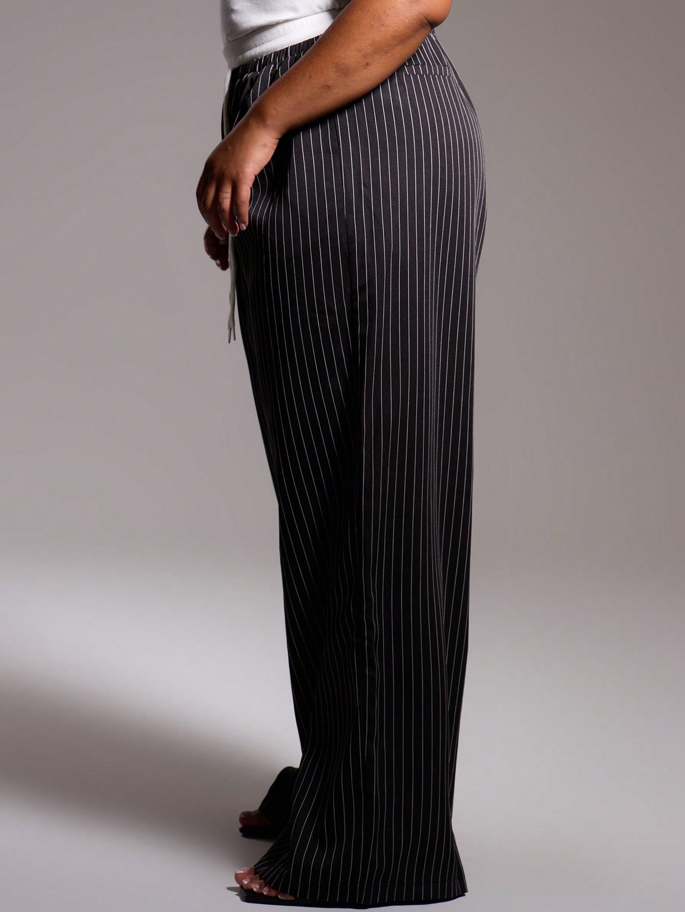 MUSERA Plus Size Woven Pinstripe Drawstring Waist Trousers - Image 2