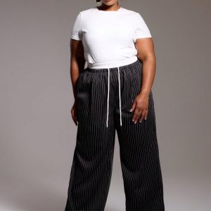 MUSERA Plus Size Woven Pinstripe Drawstring Waist Trousers - Image 3