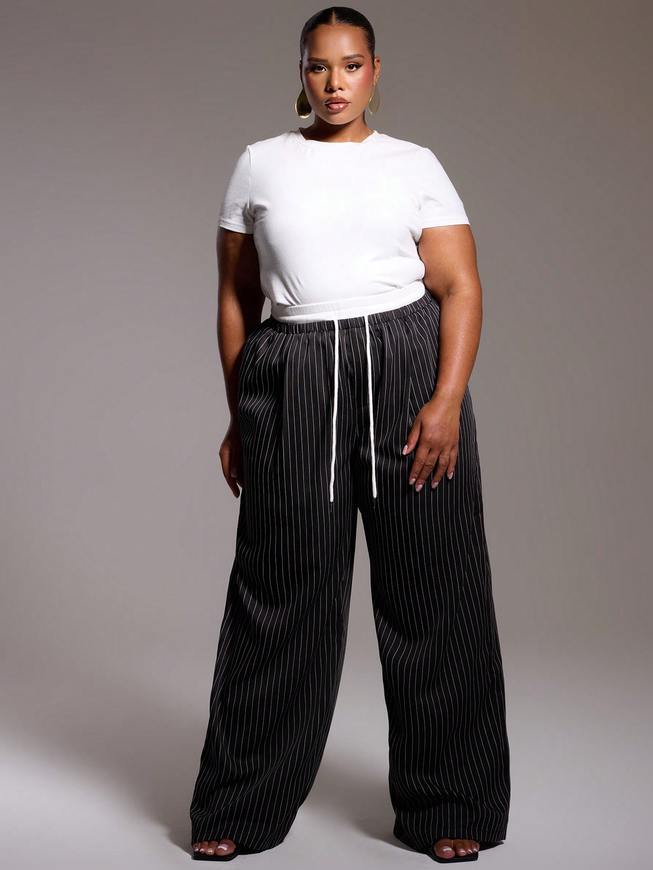 MUSERA Plus Size Woven Pinstripe Drawstring Waist Trousers - Image 3