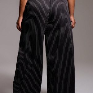 MUSERA Plus Size Woven Pinstripe Drawstring Waist Trousers - Image 4