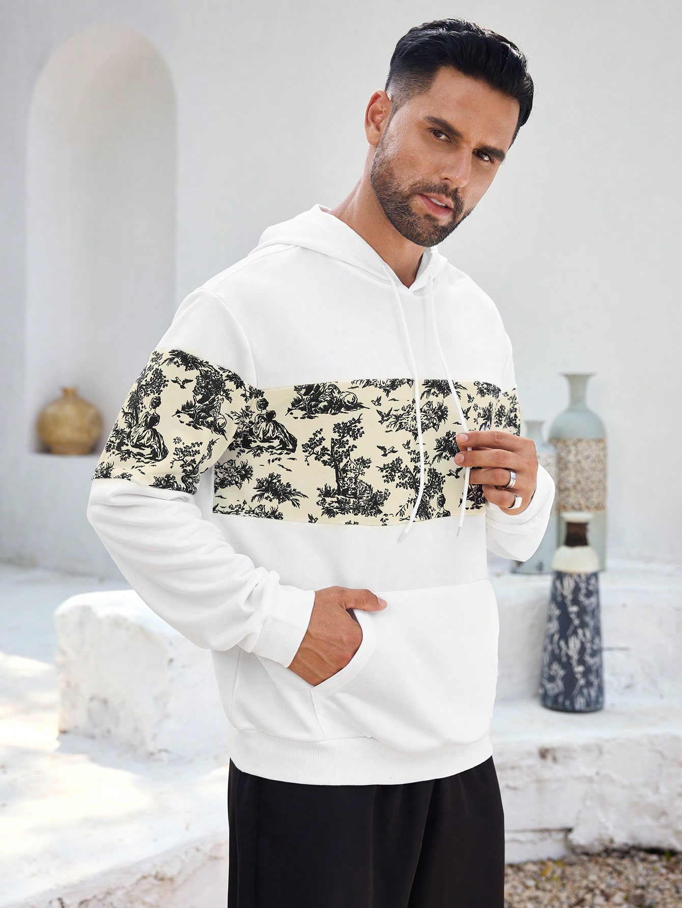 Manfinity KASUA Men??s Casual Printed Patchwork Hoodie, Spring Autumn - Image 2