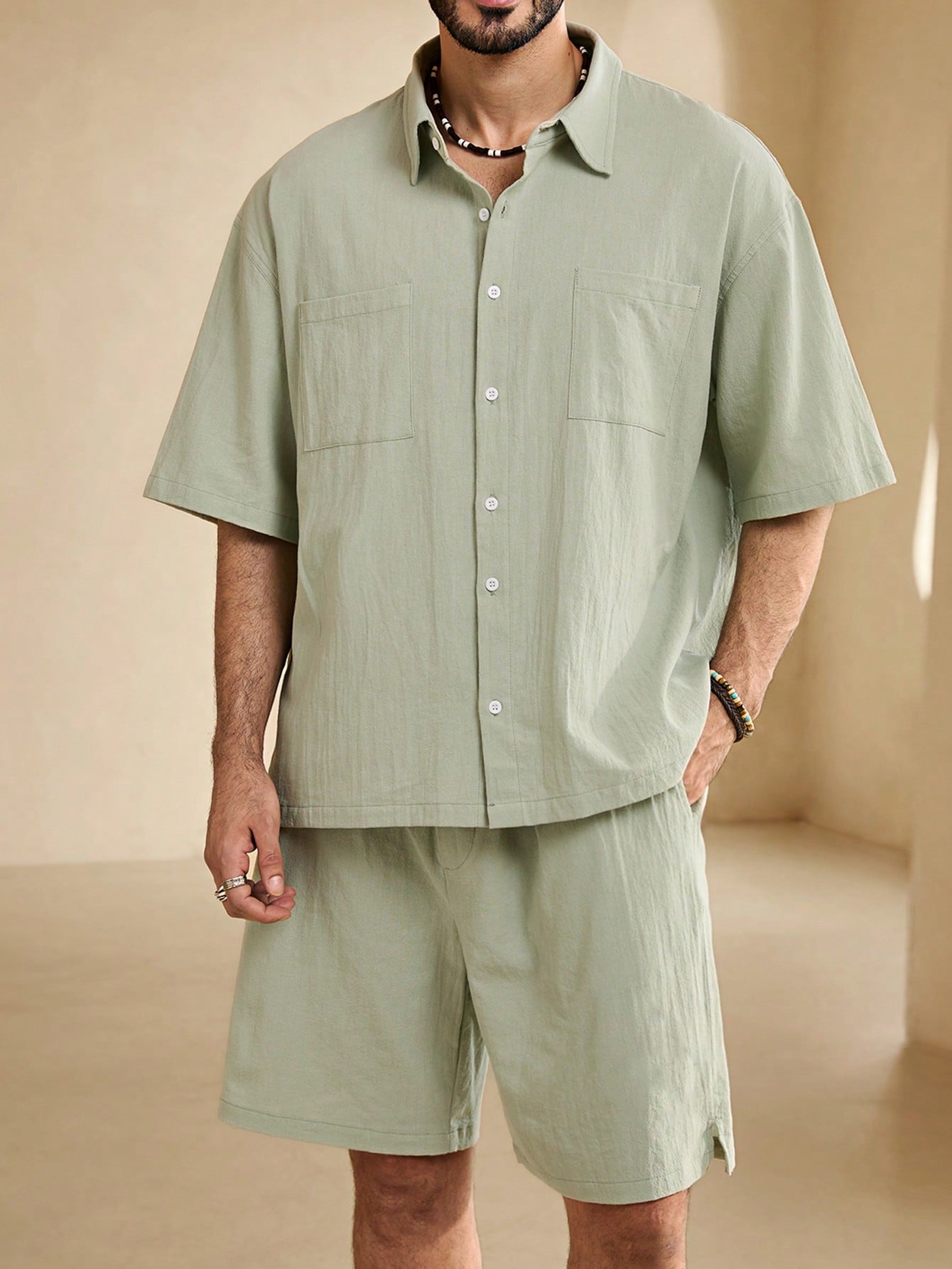 Manfinity KASUA Men??s Summer Solid Color Loose Fit Pocket Short Sleeve Casual Shirt And Shorts Set - Image 1