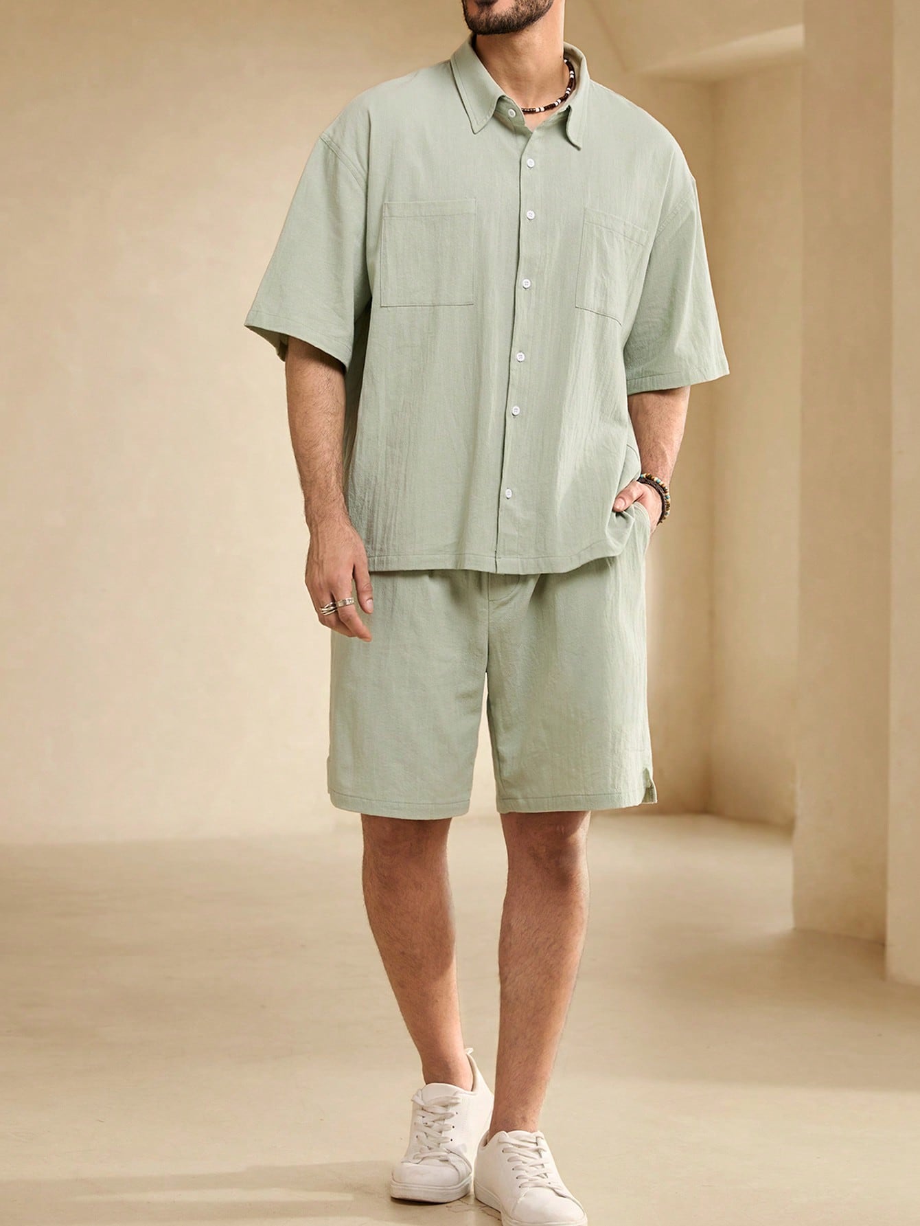 Manfinity KASUA Men??s Summer Solid Color Loose Fit Pocket Short Sleeve Casual Shirt And Shorts Set - Image 6