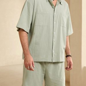 Manfinity KASUA Men??s Summer Solid Color Loose Fit Pocket Short Sleeve Casual Shirt And Shorts Set - Image 7