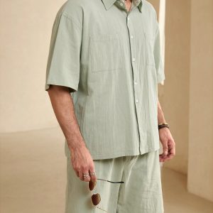 Manfinity KASUA Men??s Summer Solid Color Loose Fit Pocket Short Sleeve Casual Shirt And Shorts Set - Image 8