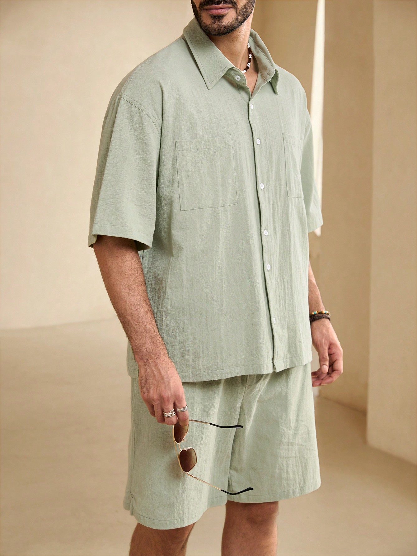 Manfinity KASUA Men??s Summer Solid Color Loose Fit Pocket Short Sleeve Casual Shirt And Shorts Set - Image 8