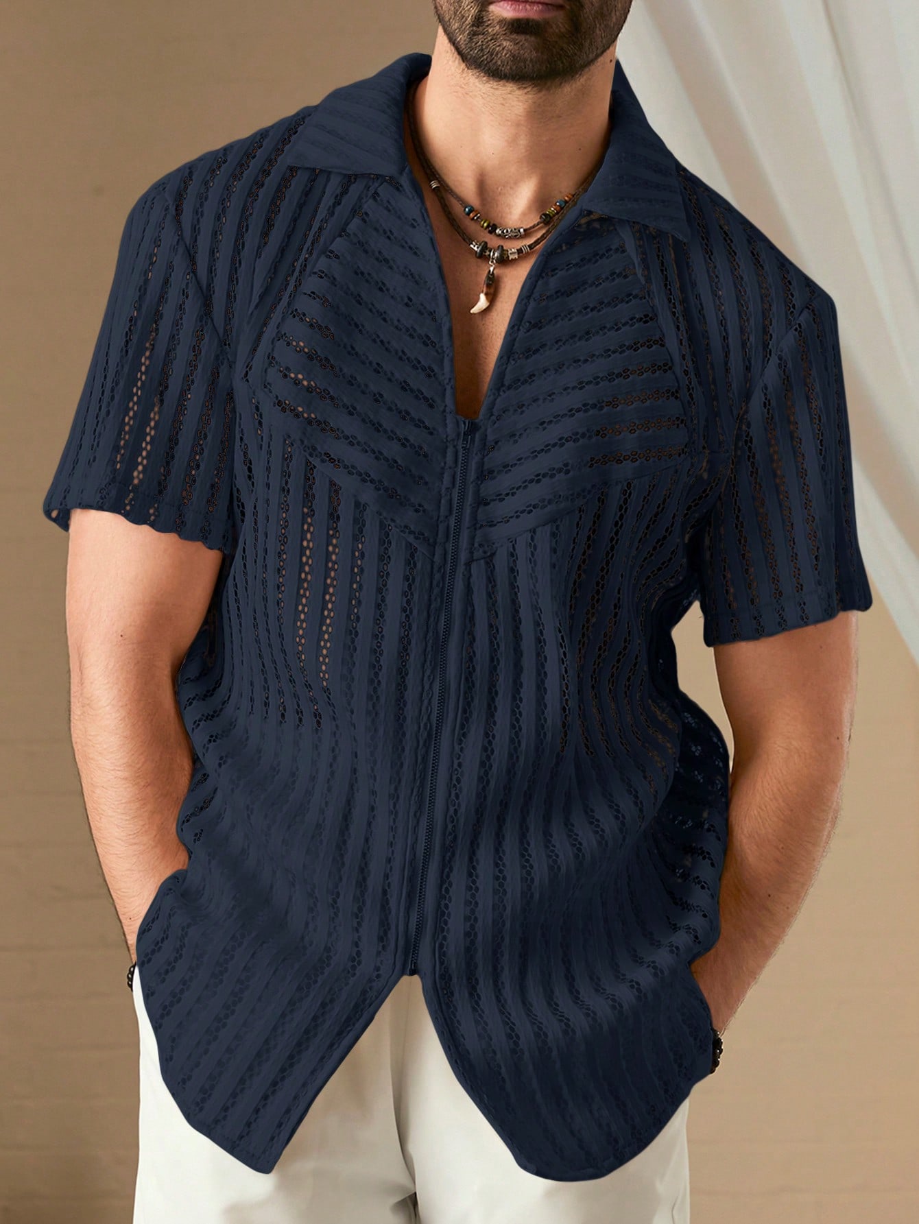 Manfinity KASUA Men Solid Hollow Out Shirt For Summer - Image 1