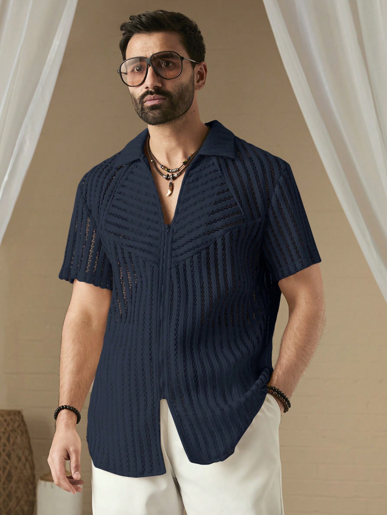 Manfinity KASUA Men Solid Hollow Out Shirt For Summer - Image 5