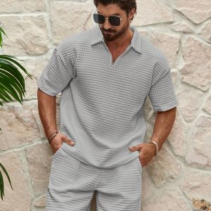 Manfinity KASUA Men??s Textured Short-Sleeve Top And Shorts Set, Summer 2pcs
