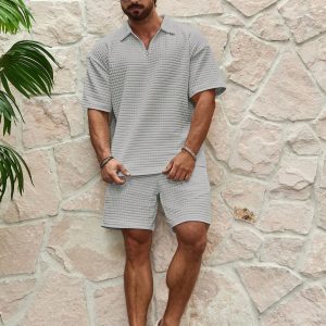 Manfinity KASUA Men??s Textured Short-Sleeve Top And Shorts Set, Summer 2pcs - Image 5