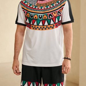 Manfinity KASUA Men??s Summer Geometric Print Round Neck Short Sleeve Casual T-Shirt And Drawstring Waist Shorts Set