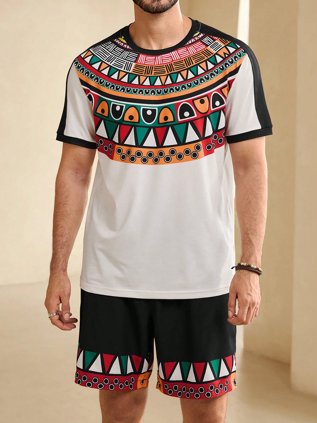 Manfinity KASUA Men??s Summer Geometric Print Round Neck Short Sleeve Casual T-Shirt And Drawstring Waist Shorts Set - Image 1