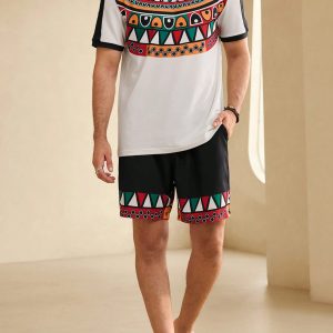 Manfinity KASUA Men??s Summer Geometric Print Round Neck Short Sleeve Casual T-Shirt And Drawstring Waist Shorts Set - Image 5