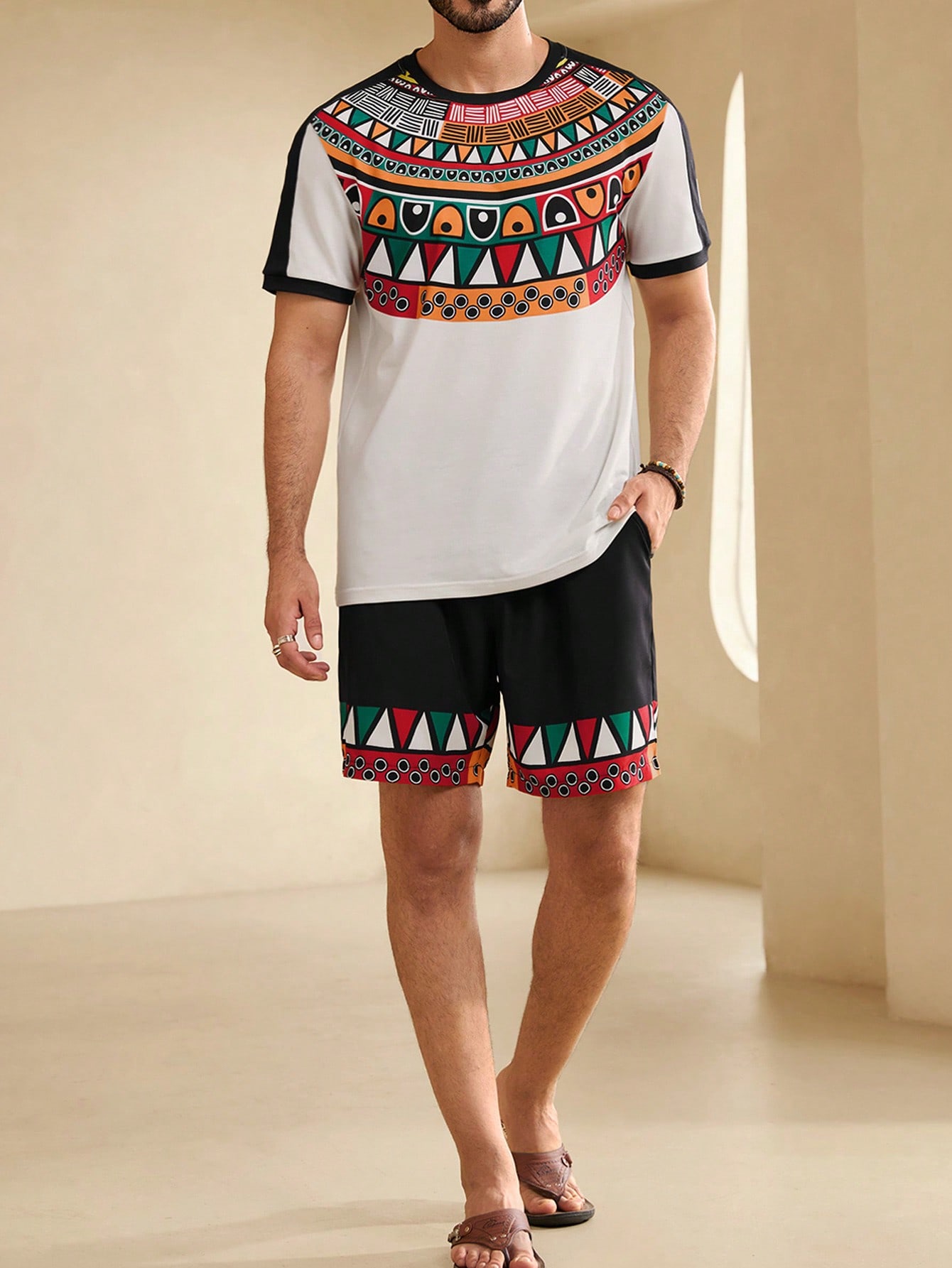 Manfinity KASUA Men??s Summer Geometric Print Round Neck Short Sleeve Casual T-Shirt And Drawstring Waist Shorts Set - Image 5