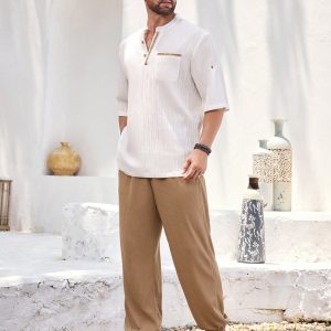 Manfinity KASUA Men Casual Patchwork Pocket V-Neck Roll-Tab Sleeve Top And Jogger Pants Set - Image 5