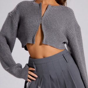 MUSERA Fall Sweaters Knitted Rib Zip Through Crop Cardigan - Image 3