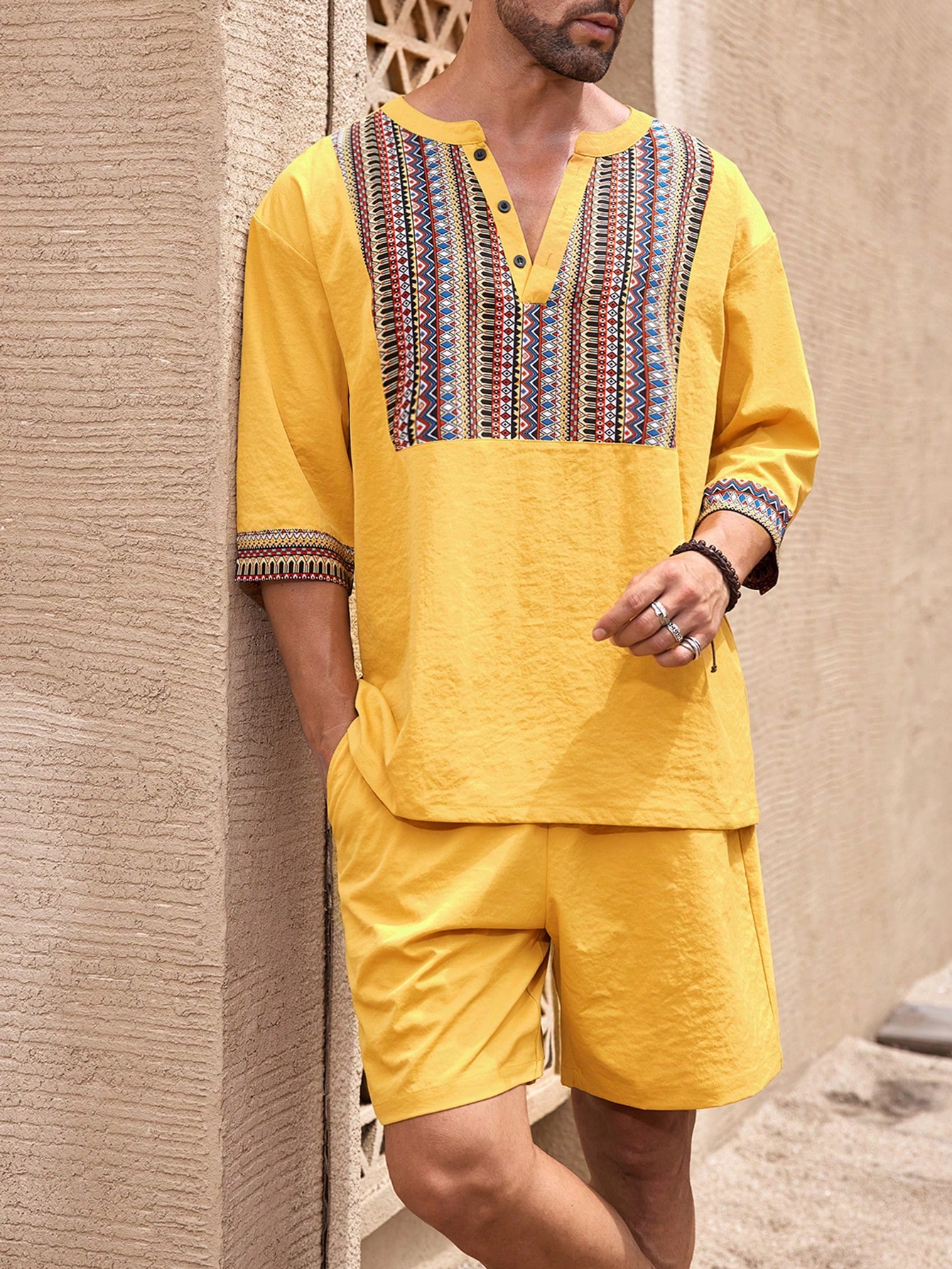 Manfinity KASUA 2pcs Retro Style Outfit For Men: Solid Color Shirt & Shorts Set - Image 1