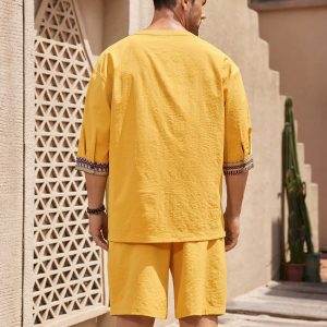 Manfinity KASUA 2pcs Retro Style Outfit For Men: Solid Color Shirt & Shorts Set - Image 2