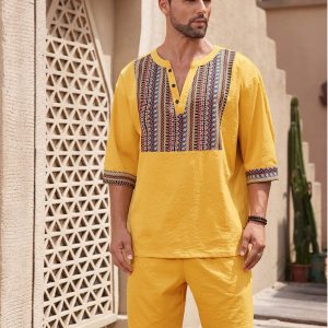 Manfinity KASUA 2pcs Retro Style Outfit For Men: Solid Color Shirt & Shorts Set - Image 4