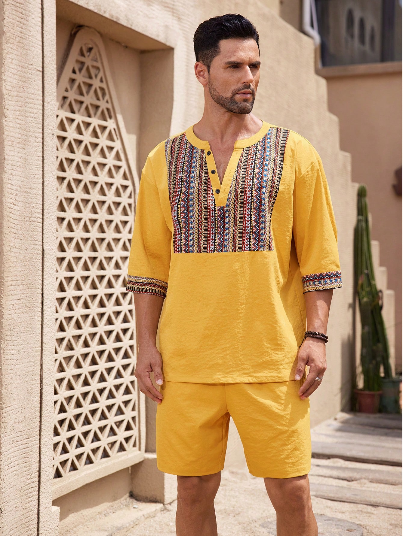 Manfinity KASUA 2pcs Retro Style Outfit For Men: Solid Color Shirt & Shorts Set - Image 4