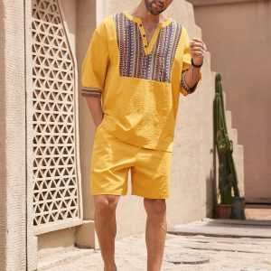 Manfinity KASUA 2pcs Retro Style Outfit For Men: Solid Color Shirt & Shorts Set - Image 5