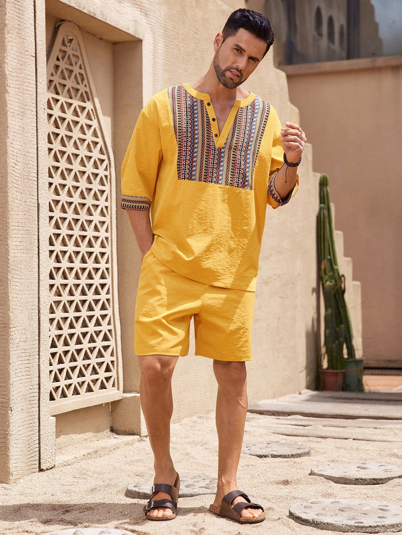 Manfinity KASUA 2pcs Retro Style Outfit For Men: Solid Color Shirt & Shorts Set - Image 5