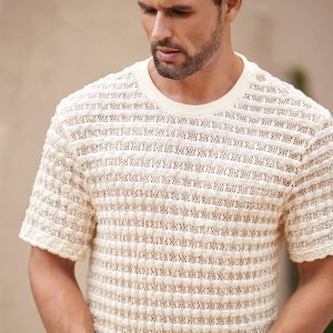 Manfinity KASUA Men??s Solid Color Textured Crew Neck Hollow Out Short Sleeve T-Shirt