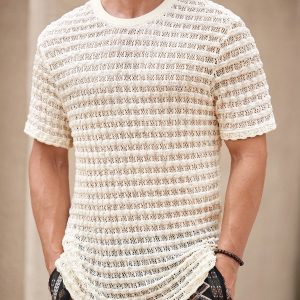 Manfinity KASUA Men??s Solid Color Textured Crew Neck Hollow Out Short Sleeve T-Shirt - Image 3