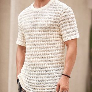 Manfinity KASUA Men??s Solid Color Textured Crew Neck Hollow Out Short Sleeve T-Shirt - Image 5
