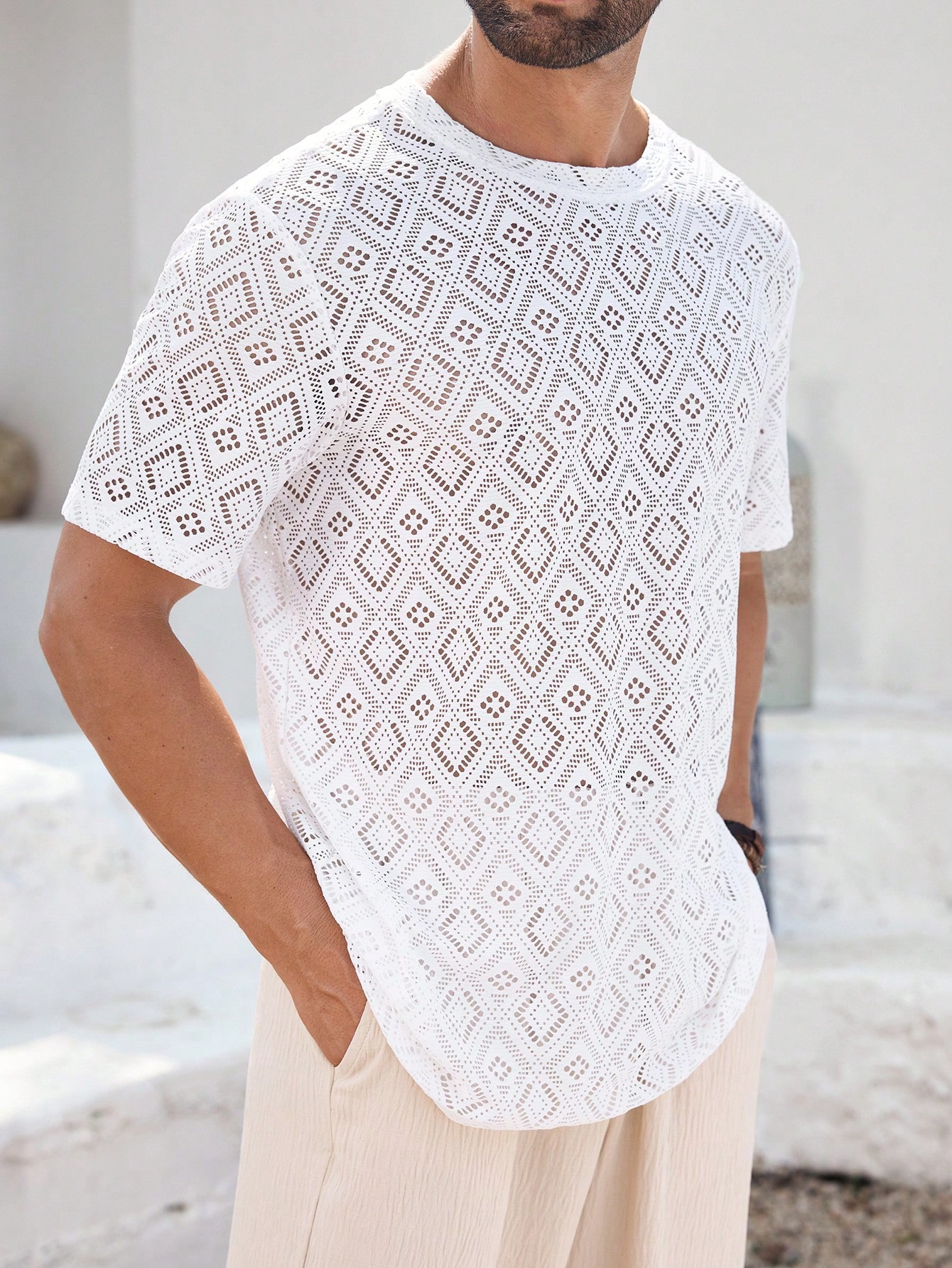 Manfinity KASUA Men??s Knitted Breathable Casual Vacation Daily Wear Soft Comfortable Beige T-Shirt - Image 1