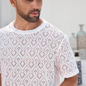 Manfinity KASUA Men??s Knitted Breathable Casual Vacation Daily Wear Soft Comfortable Beige T-Shirt - Image 2