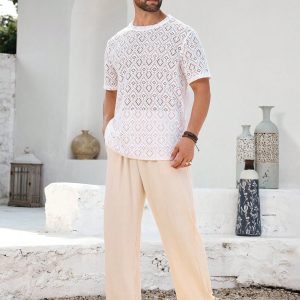 Manfinity KASUA Men??s Knitted Breathable Casual Vacation Daily Wear Soft Comfortable Beige T-Shirt - Image 3
