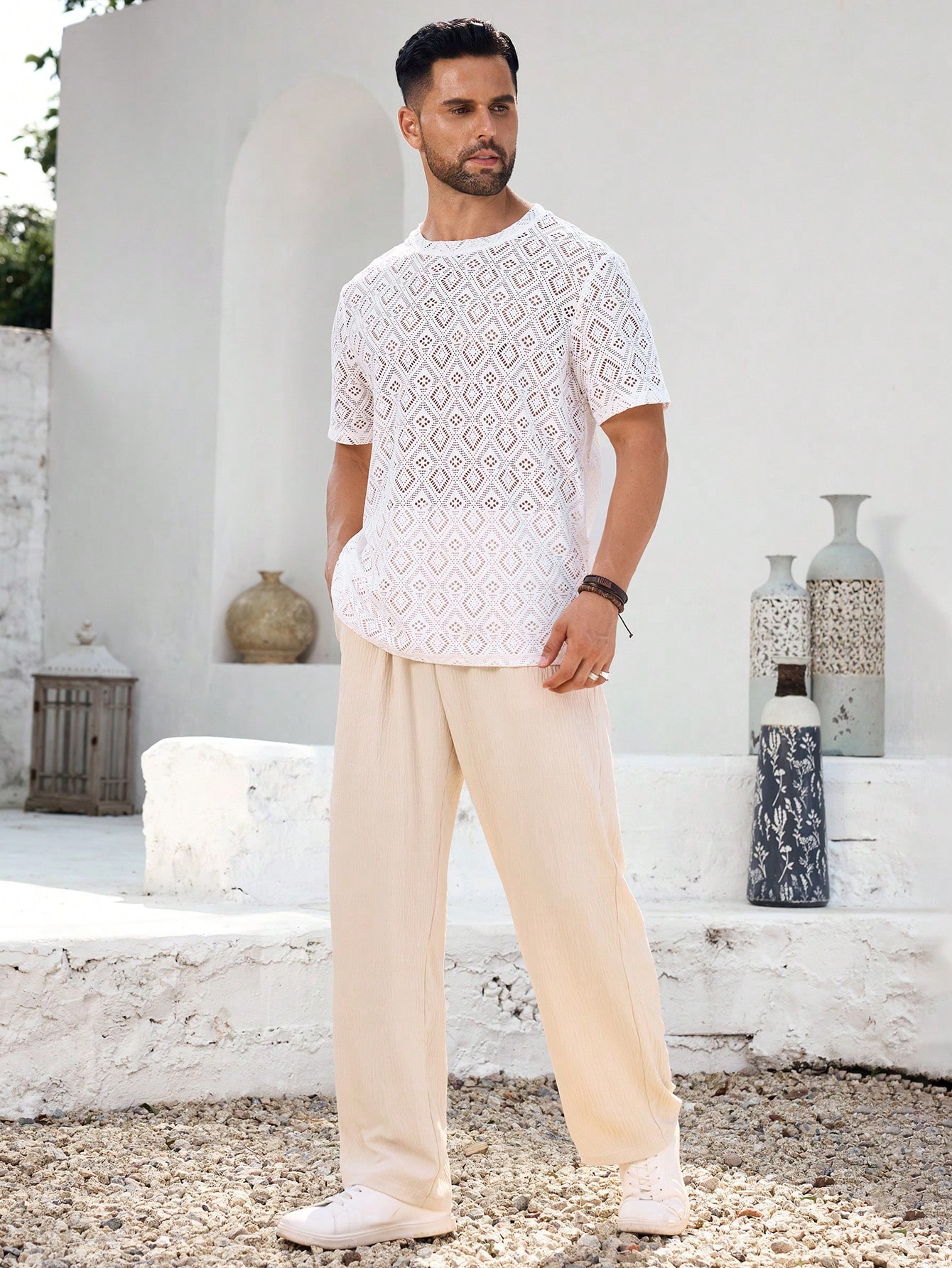 Manfinity KASUA Men??s Knitted Breathable Casual Vacation Daily Wear Soft Comfortable Beige T-Shirt - Image 3