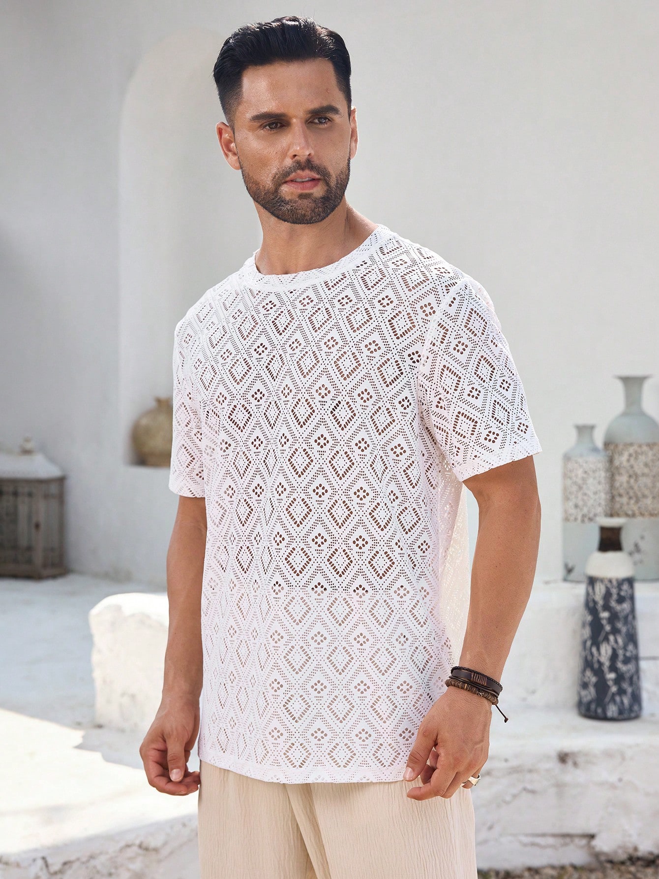 Manfinity KASUA Men??s Knitted Breathable Casual Vacation Daily Wear Soft Comfortable Beige T-Shirt - Image 4